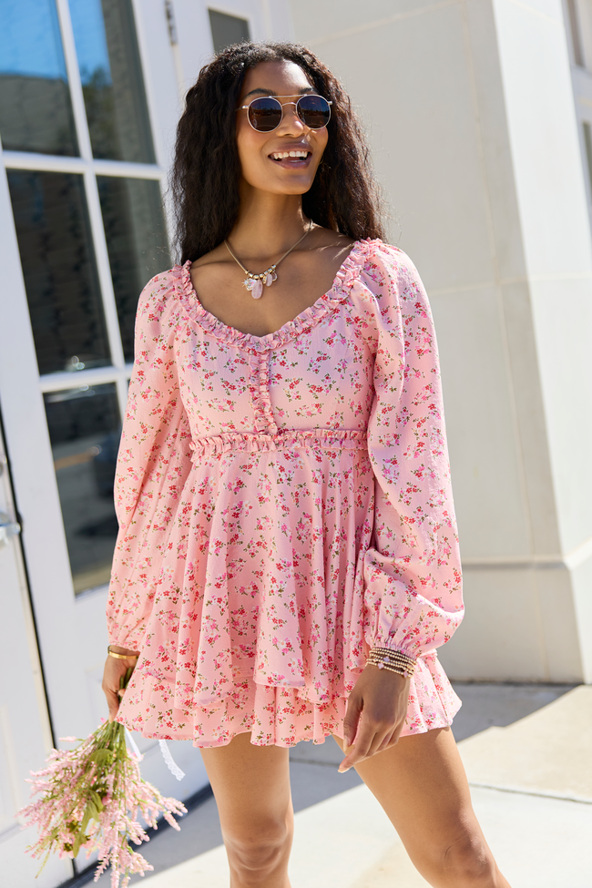 Farah Pink Floral Ruffle Trim Romper FINAL SALE