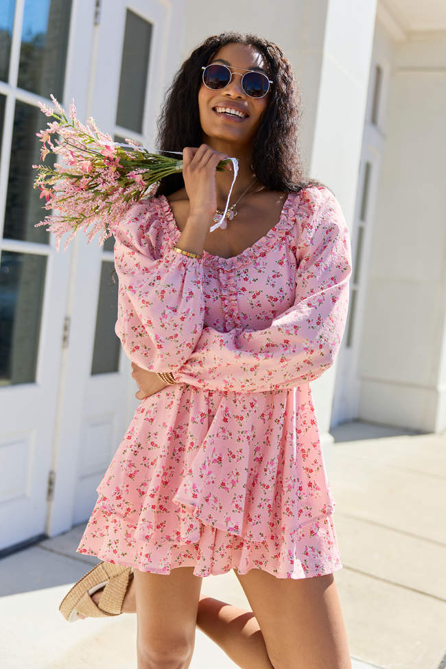 Farah Pink Floral Ruffle Trim Romper FINAL SALE
