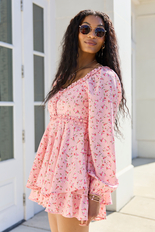 Farah Pink Floral Ruffle Trim Romper FINAL SALE