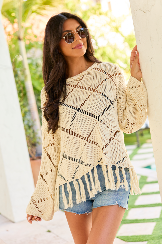 Fawna Taupe Fringe Crewneck Sweater FINAL SALE
