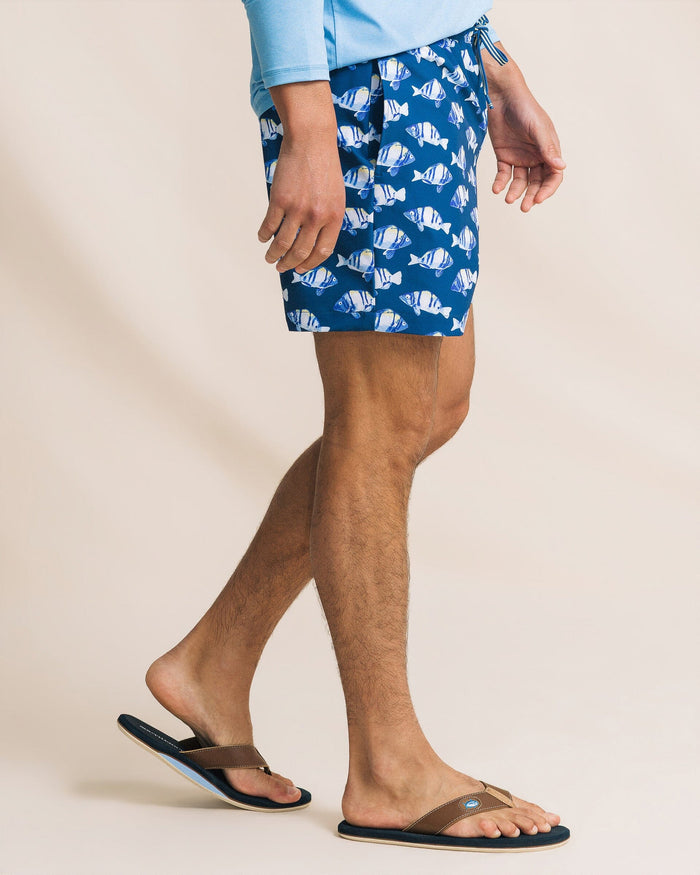 The side view of the Southern Tide Feeling Fintastic Maritime Swim Trunk by Southern Tide - Nautical Blue