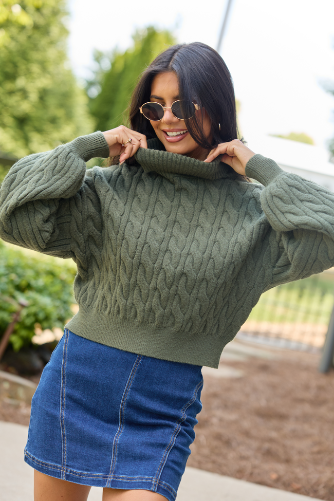 Feels Like Home Olive Cable Knit Turtleneck Sweater