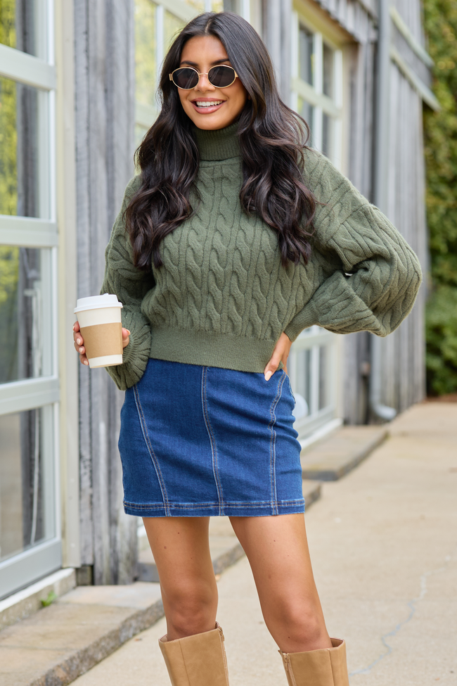 Feels Like Home Olive Cable Knit Turtleneck Sweater