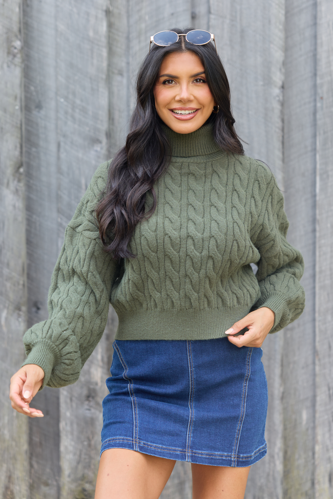 Feels Like Home Olive Cable Knit Turtleneck Sweater