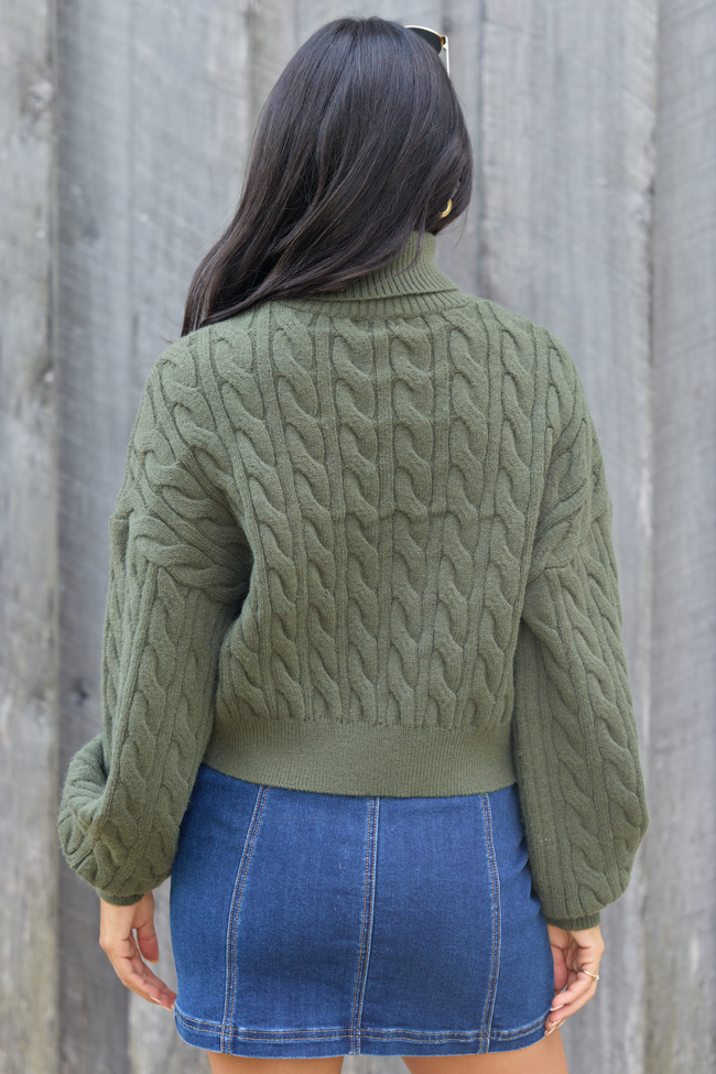 Feels Like Home Olive Cable Knit Turtleneck Sweater