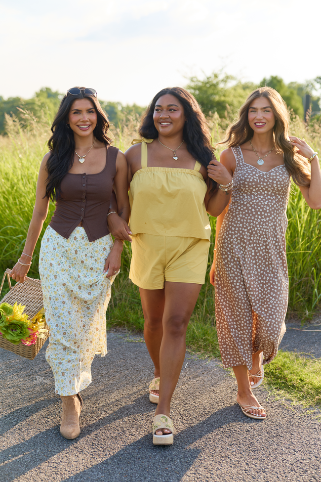 Fields of Gold Brown Floral Midi Dress