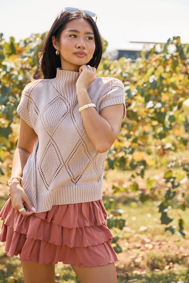 Finer Things Taupe Short Sleeve Mock Neck Sweater