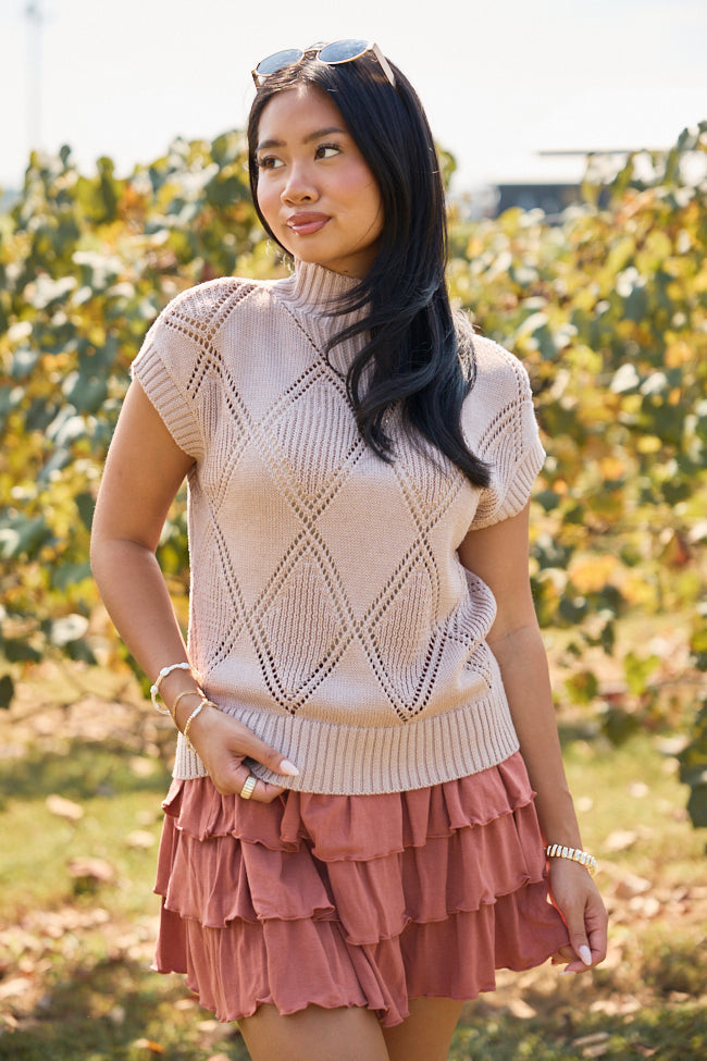 Finer Things Taupe Short Sleeve Mock Neck Sweater