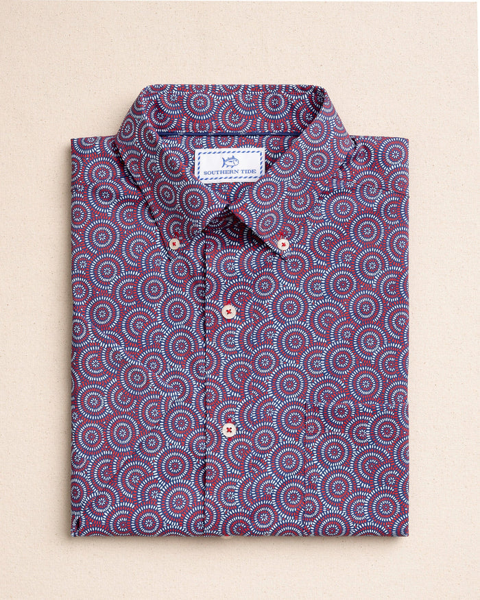 The front view of the Southern Tide Fireworks Coastal Breeze® Short Sleeve Sport Shirt by Southern Tide - Channel Marker Red