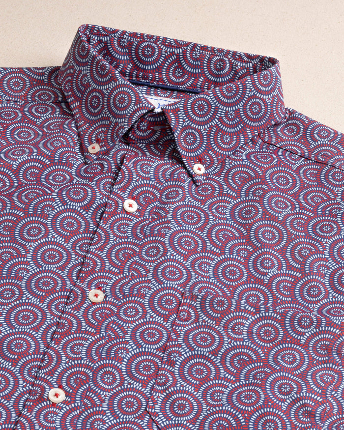 The detail view of the Southern Tide Fireworks Coastal Breeze® Short Sleeve Sport Shirt by Southern Tide - Channel Marker Red
