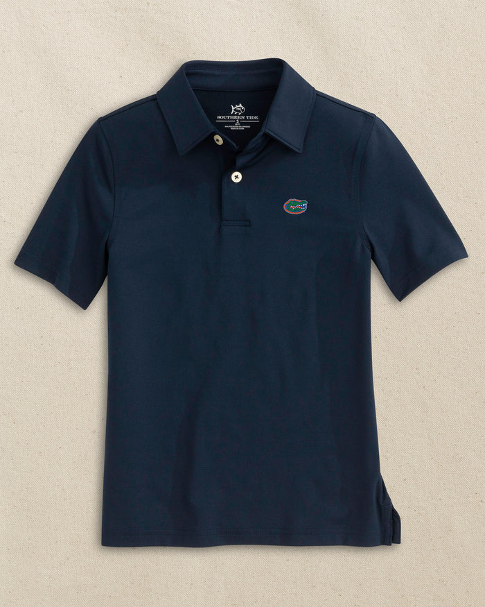 The front view of the Southern Tide Florida Gators Boys Driver Performance Polo Shirt by Southern Tide - True Navy