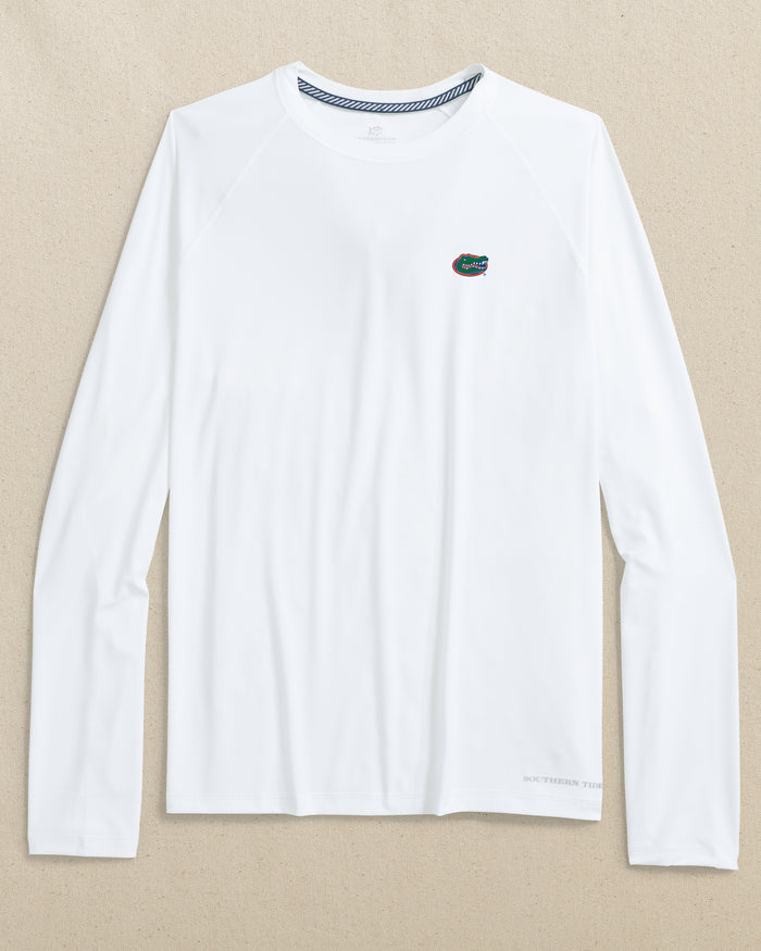 The front view of the Southern Tide Florida Gators brrr°®-illiant Performance Long Sleeve T-Shirt by Southern Tide - Classic White