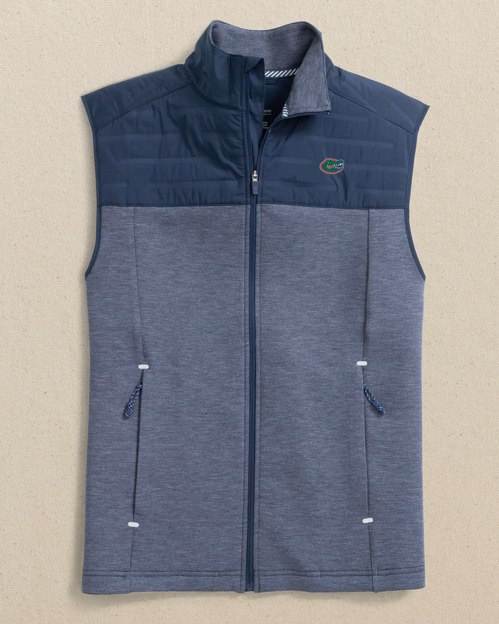 The front view of the Southern Tide Florida Gators Coligny Quilted Vest by Southern Tide - Dress Blue