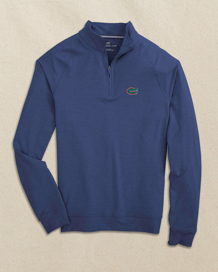The front view of the Florida Gators Cruiser Heather Quarter Zip Pullover by Southern Tide - Heather University Blue