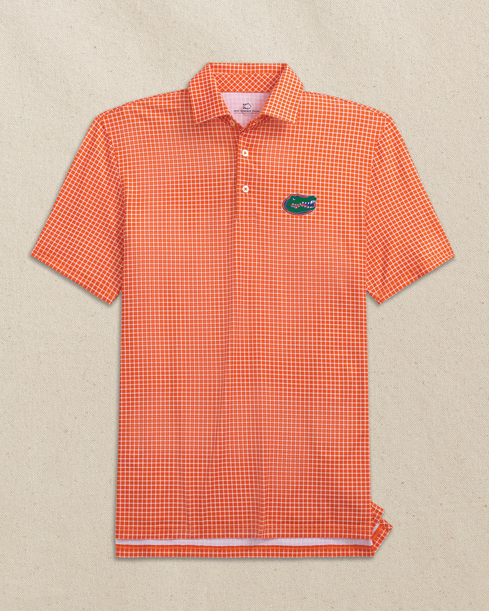 The front view of the Southern Tide Florida Gators Driver Dunes Edge Plaid Polo by Southern Tide - Endzone Orange