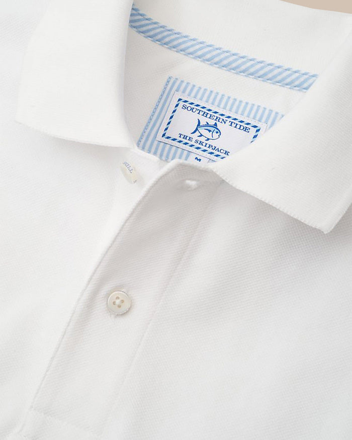 The detail view of the Men's White Florida Gators Pique Polo Shirt by Southern Tide - Classic White