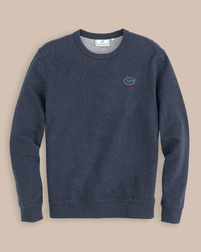 The front view of the Men's Grey Florida Gators Upper Deck Pullover Sweatshirt by Southern Tide - Heather Navy