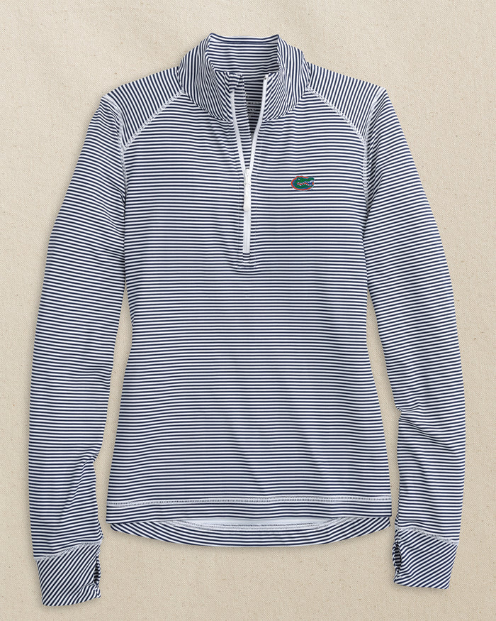 The front view of the Southern Tide Florida Gators Women's Striped Runaround Quarter Zip by Southern Tide - Dress Blue