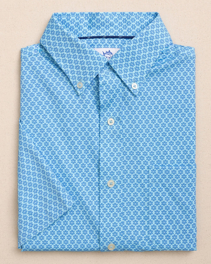 The front view of the Southern Tide Flower Garden Coastal Breeze® Short Sleeve Sport Shirt by Southern Tide - Tropical Breeze Blue