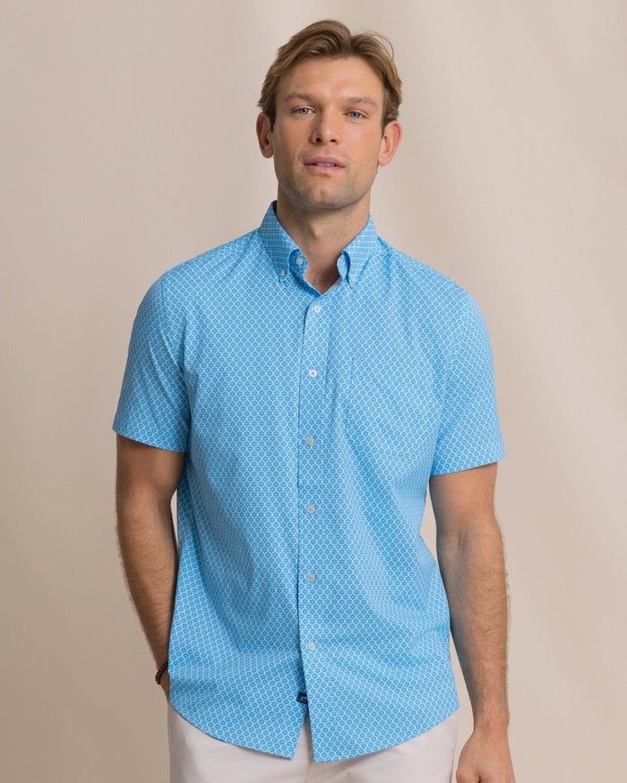 The front view of the Southern Tide Flower Garden Coastal Breeze® Short Sleeve Sport Shirt by Southern Tide - Tropical Breeze Blue