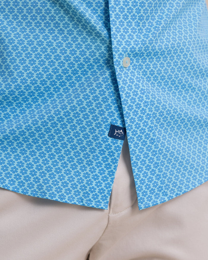The detail view of the Southern Tide Flower Garden Coastal Breeze® Short Sleeve Sport Shirt by Southern Tide - Tropical Breeze Blue