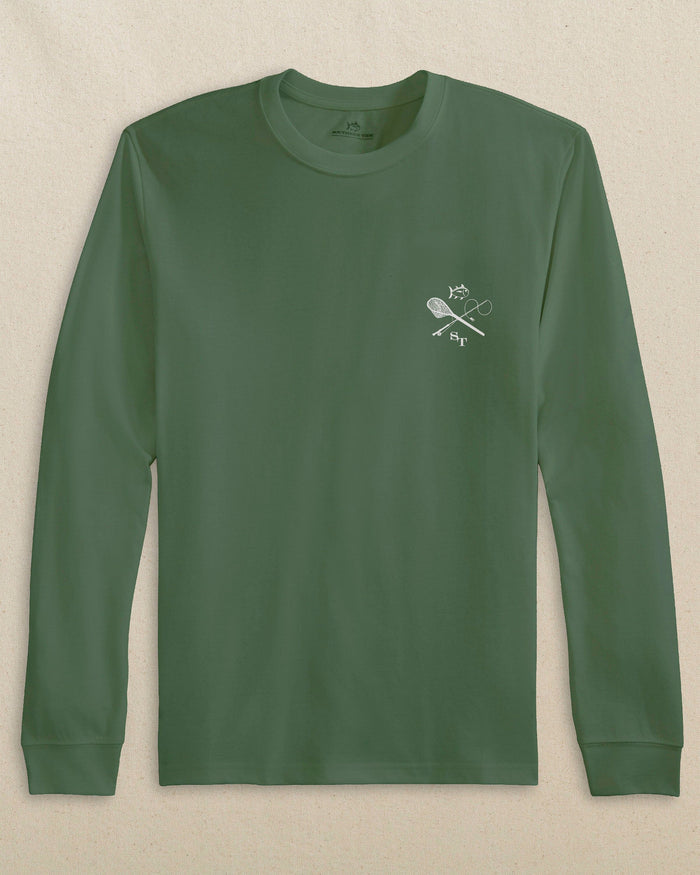 The front view of the Southern Tide Fly Fishing Badge Long Sleeve T-Shirt by Southern Tide - Cedar Green