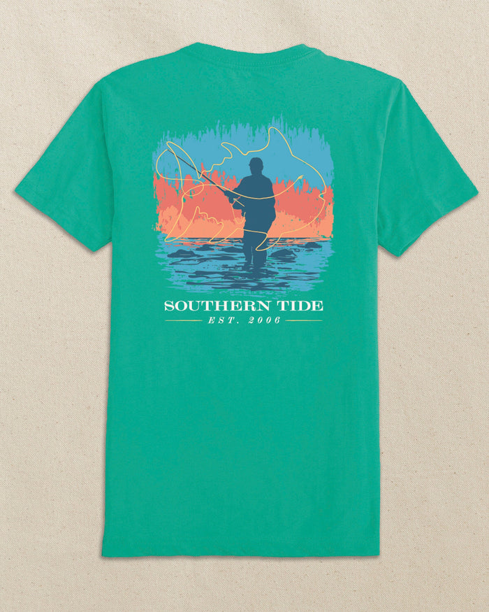 The back view of the Southern Tide Fly Fishing Skipjack Outline Short Sleeve T-Shirt by Southern Tide - Persian Green