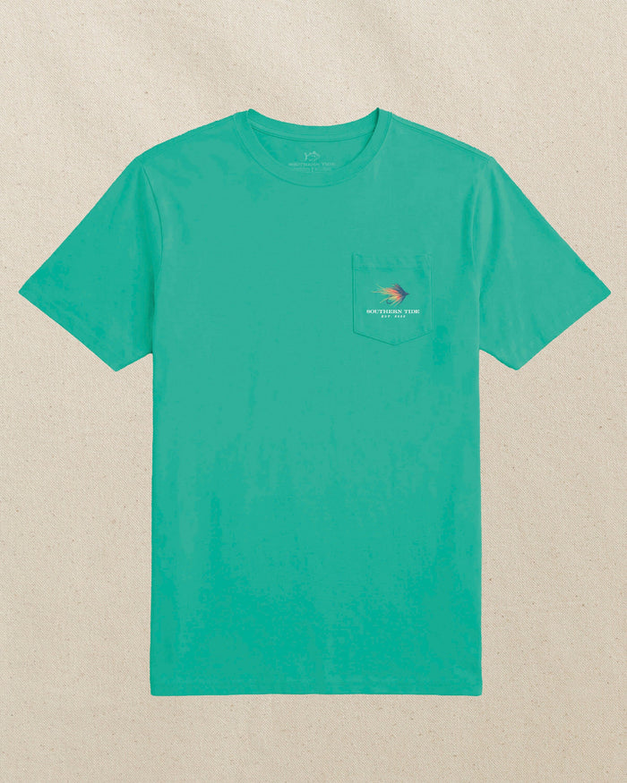 The front view of the Southern Tide Fly Fishing Skipjack Outline Short Sleeve T-Shirt by Southern Tide - Persian Green