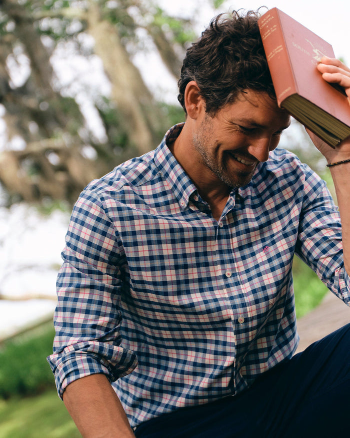 The lifestyle view of the Southern Tide Forsyth Park Skipjack Sport Shirt by Southern Tide - Nautical Blue