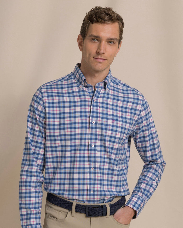 The front view of the Southern Tide Forsyth Park Skipjack Sport Shirt by Southern Tide - Nautical Blue