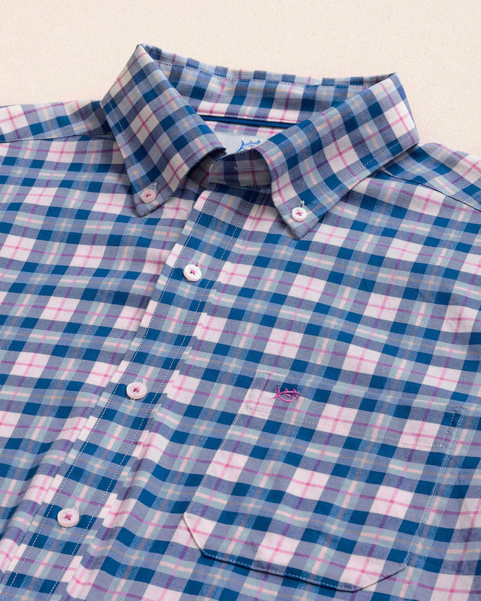 The detail view of the Southern Tide Forsyth Park Skipjack Sport Shirt by Southern Tide - Nautical Blue
