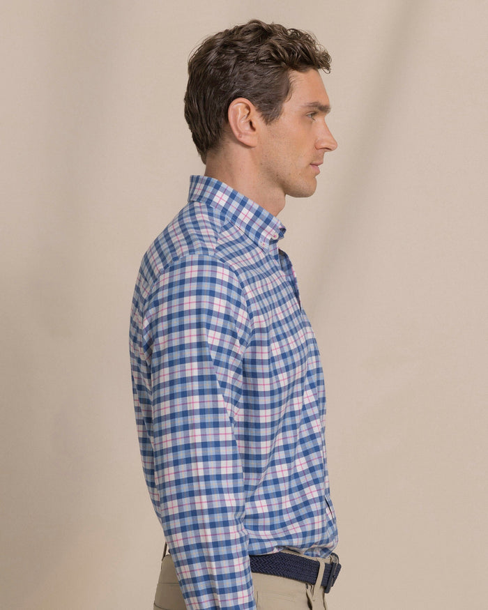 The side view of the Southern Tide Forsyth Park Skipjack Sport Shirt by Southern Tide - Nautical Blue