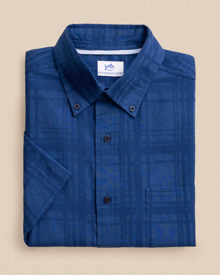The front view of the Southern Tide Fort Fisher Textured Short Sleeve Sport Shirt by Southern Tide - Nautical Blue