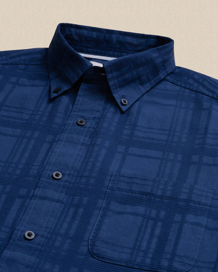 The detail view of the Southern Tide Fort Fisher Textured Short Sleeve Sport Shirt by Southern Tide - Nautical Blue