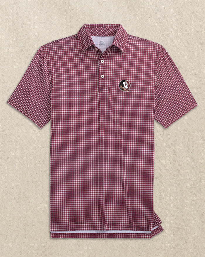 The front view of the Southern Tide FSU Seminoles Driver Dunes Edge Plaid Polo by Southern Tide - Chianti