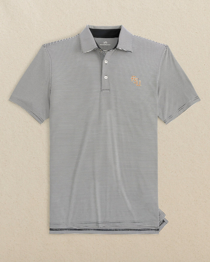 The front view of the Southern Tide FSU Seminoles Stacked brrr°®-eeze Meadowbrook Stripe Polo by Southern Tide - Caviar Black