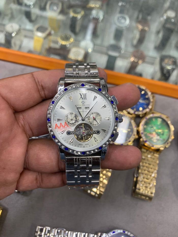 Full Automatic Mechanical Watch Silver Chain Rainbow Dail Watch Luxury Men's Watch
