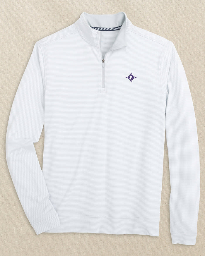 The front view of the Southern Tide Furman Paladins Cruiser Micro-Stripe Heather Quarter Zip by Southern Tide - Heather Slate Grey