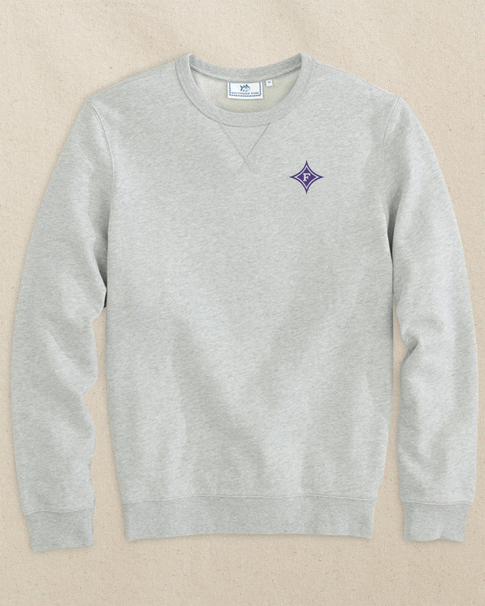 The front view of the Southern Tide Furman Paladins Upper Deck Pullover Sweatshirt by Southern Tide - Heather Slate Grey