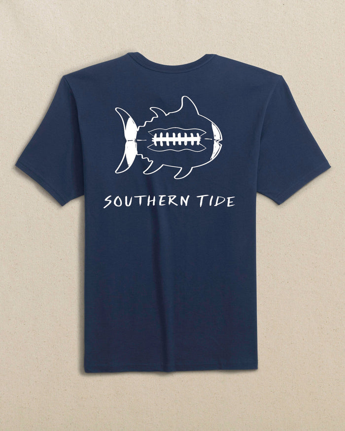 The back view of the Southern Tide Gameday Football Short Sleeve T-Shirt by Southern Tide - Navy and White