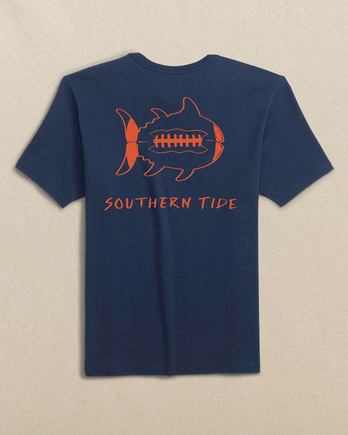The back view of the Southern Tide Gameday Football Short Sleeve T-Shirt by Southern Tide - Navy and Endzone Orange