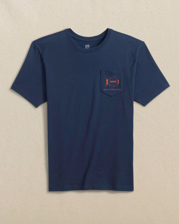 The front view of the Southern Tide Gameday Football Short Sleeve T-Shirt by Southern Tide - Navy and Endzone Orange