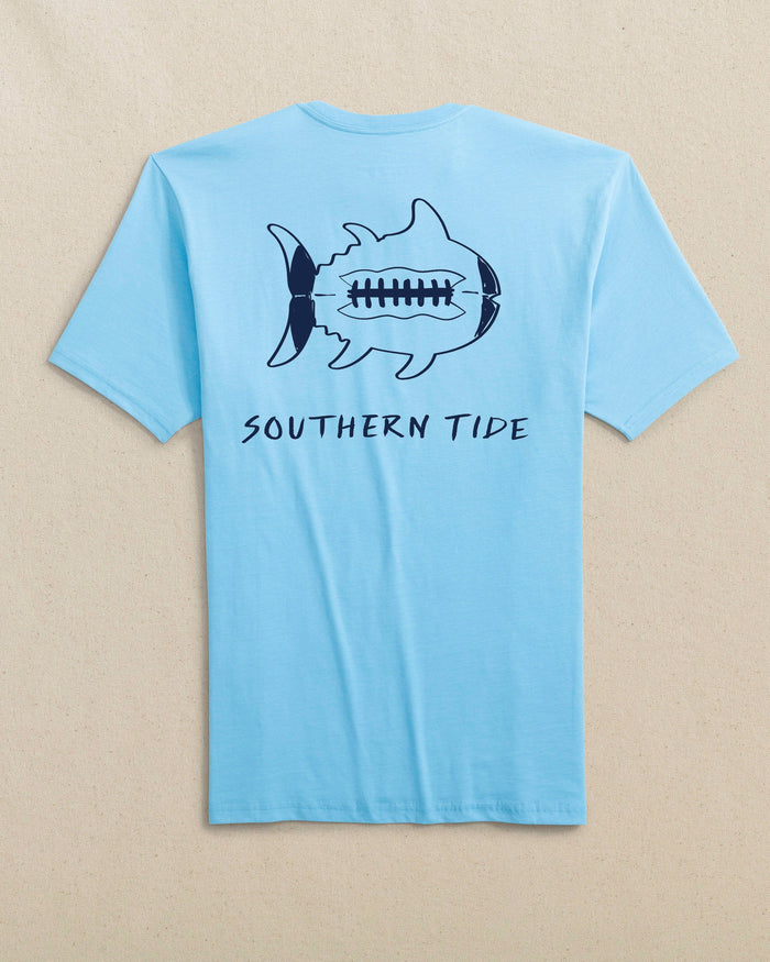 The back view of the Southern Tide Gameday Football Short Sleeve T-Shirt by Southern Tide - Rush Blue and Navy