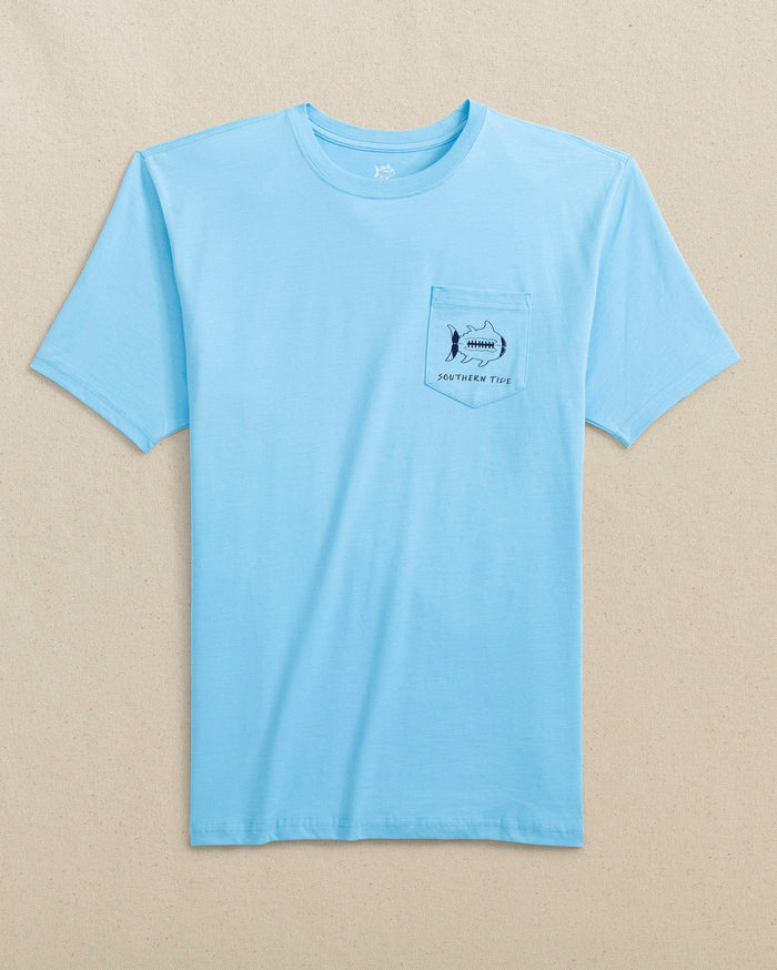 The front view of the Southern Tide Gameday Football Short Sleeve T-Shirt by Southern Tide - Rush Blue and Navy