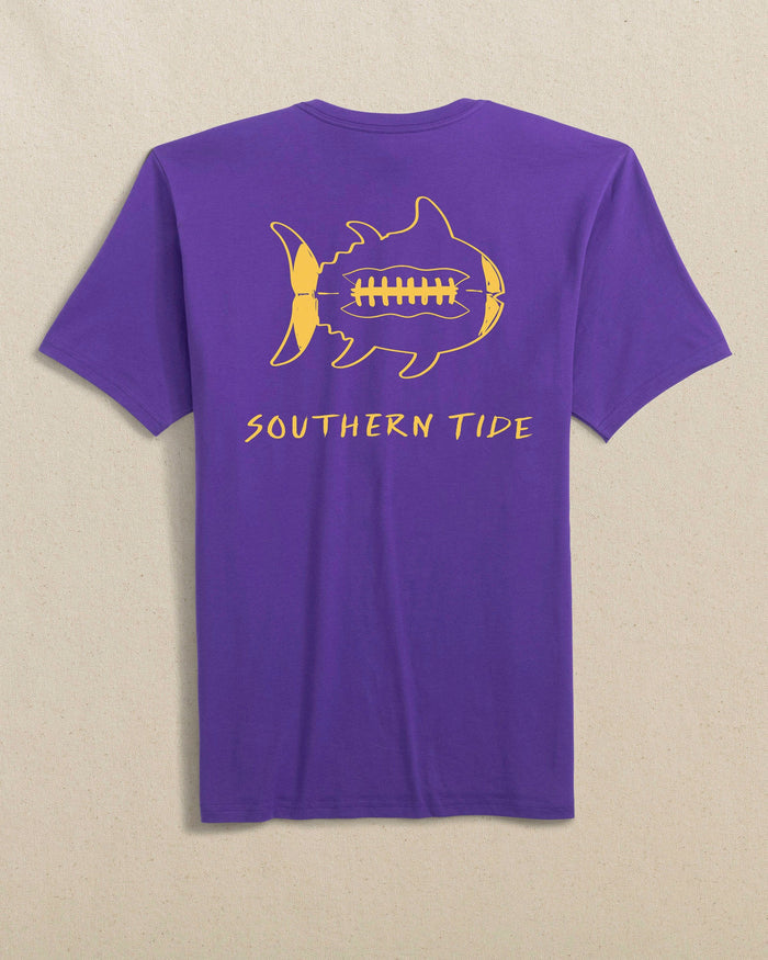 The back view of the Southern Tide Gameday Football Short Sleeve T-Shirt by Southern Tide - Regal Purple and Yellow