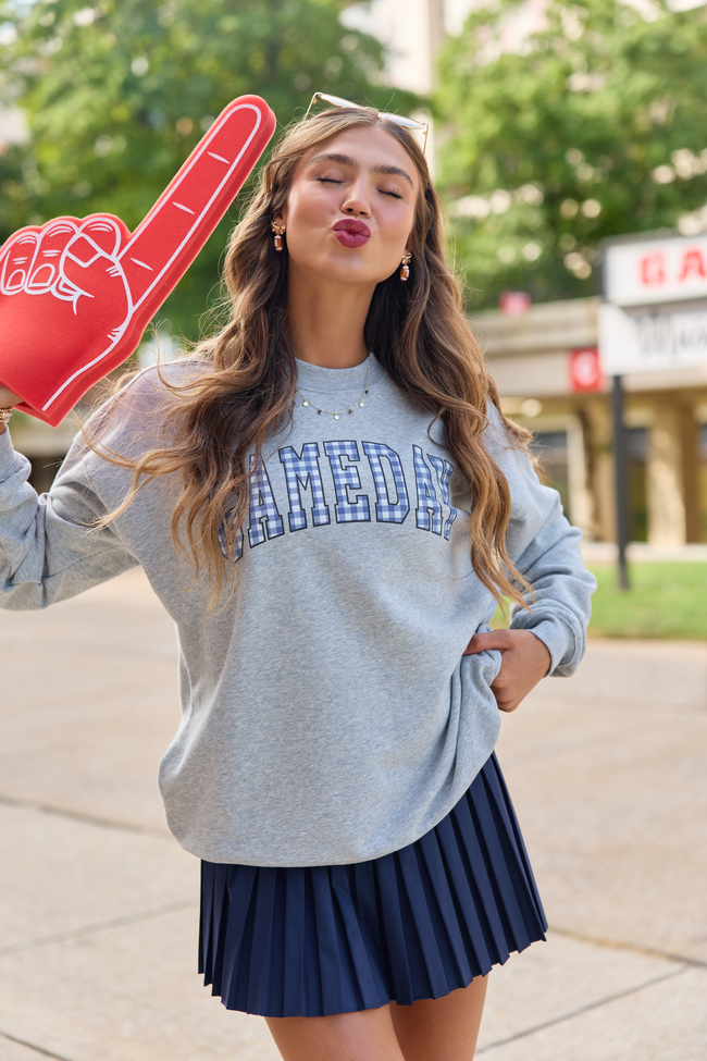 Gameday Navy Gingham Light Grey Graphic Sweatshirt