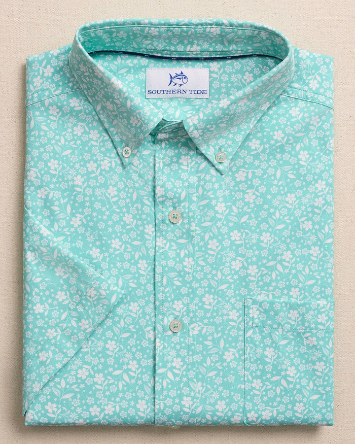 The front view of the Southern Tide Garden Blooms Coastal Breeze® Short Sleeve Sport Shirt by Southern Tide - Florida Keys