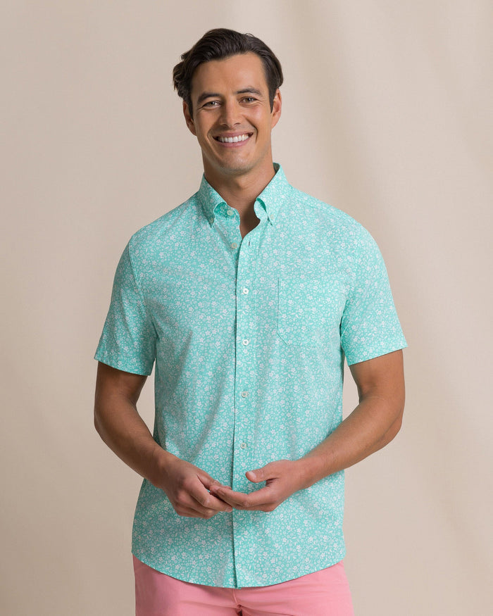 The front view of the Southern Tide Garden Blooms Coastal Breeze® Short Sleeve Sport Shirt by Southern Tide - Florida Keys