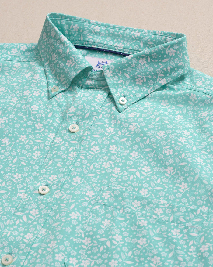The detail view of the Southern Tide Garden Blooms Coastal Breeze® Short Sleeve Sport Shirt by Southern Tide - Florida Keys