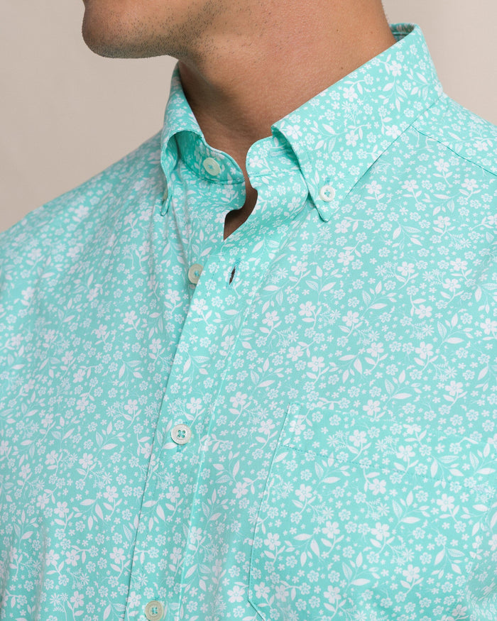 The detail view of the Southern Tide Garden Blooms Coastal Breeze® Short Sleeve Sport Shirt by Southern Tide - Florida Keys